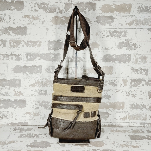 Sherpani Luna Brown Tan Leather Canvas Zip Pockets Crossbody Bag 0820 - Picture 1 of 15